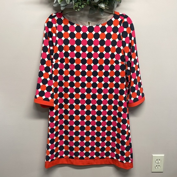 NWOT Eliza J Geo Print Jersey Shift Dress 3/4 Sleeve Exposed Back Zipper 8P - Picture 3 of 16